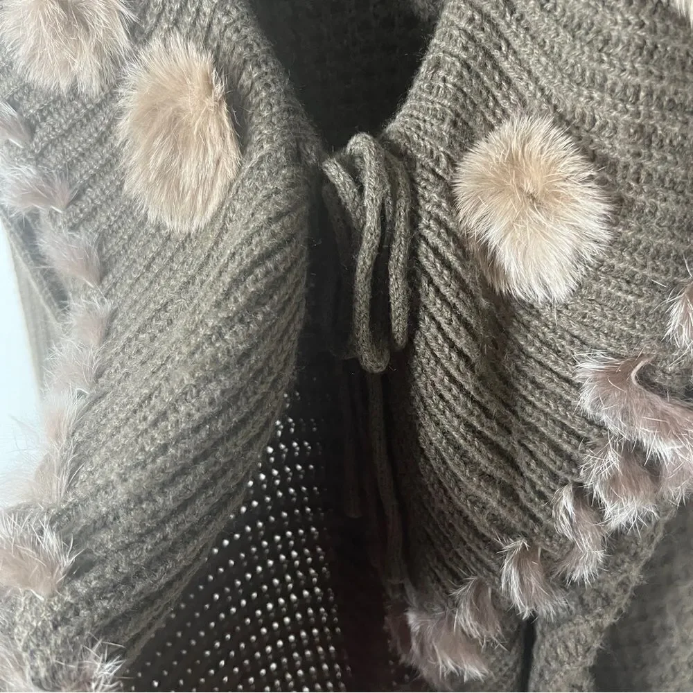 Moon River‎ Ribbed Knit Ruffle Olive Green Faux Fur Tie Front Cardigan Medium